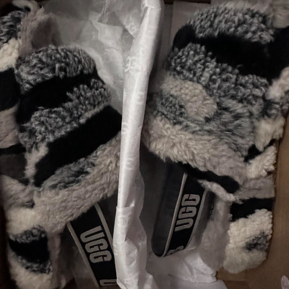 UGG Black and White Fuzzy Slippers